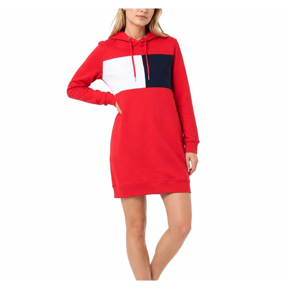 Tommy Hilfiger Women’s Red Colorblock Hoodie Dress Pullover Size M, MEDIUM WOMAN